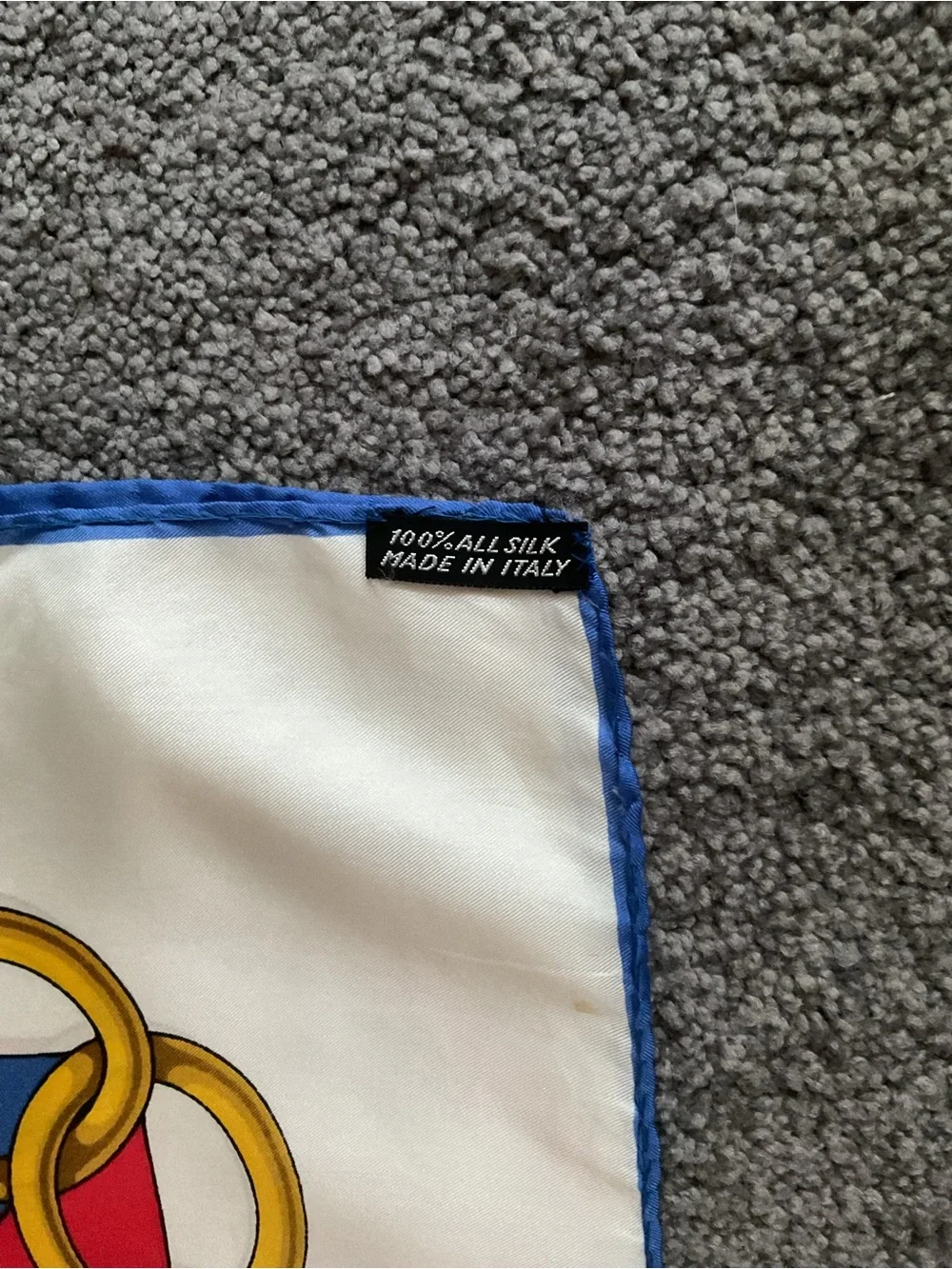 Oleg Cassini White Silk Scarf with Blue Border, Gold and Red Accents